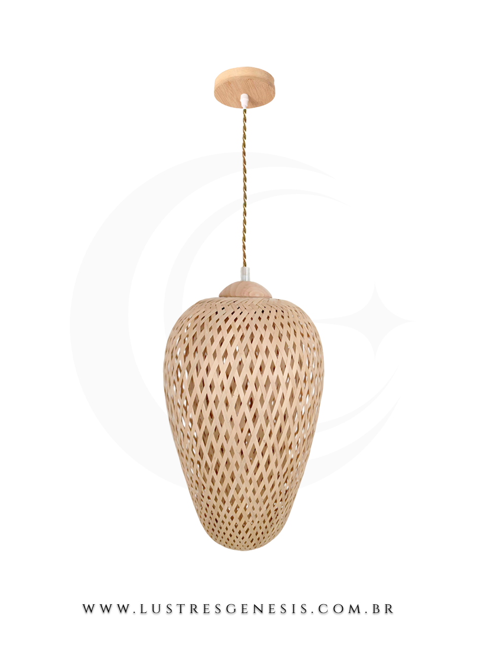 Luminária pendente de madeira e fibra de bambu Sumba, ideal para mesas, balcão de cozinha, área gourmet e sítios, design artesanal e moderno.